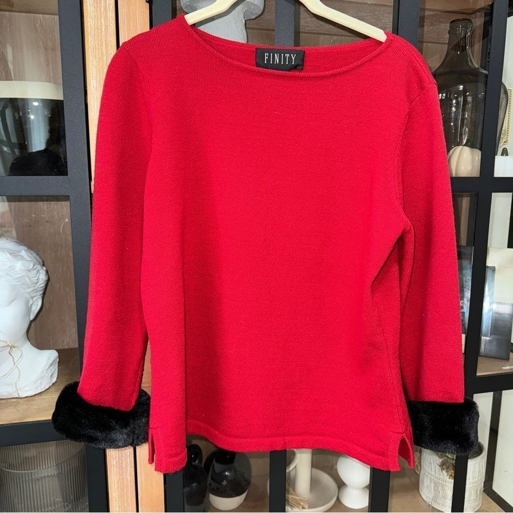 1990s Vintage Merino wool fur cuffs boatneck sweater top long sleeve blouse knit